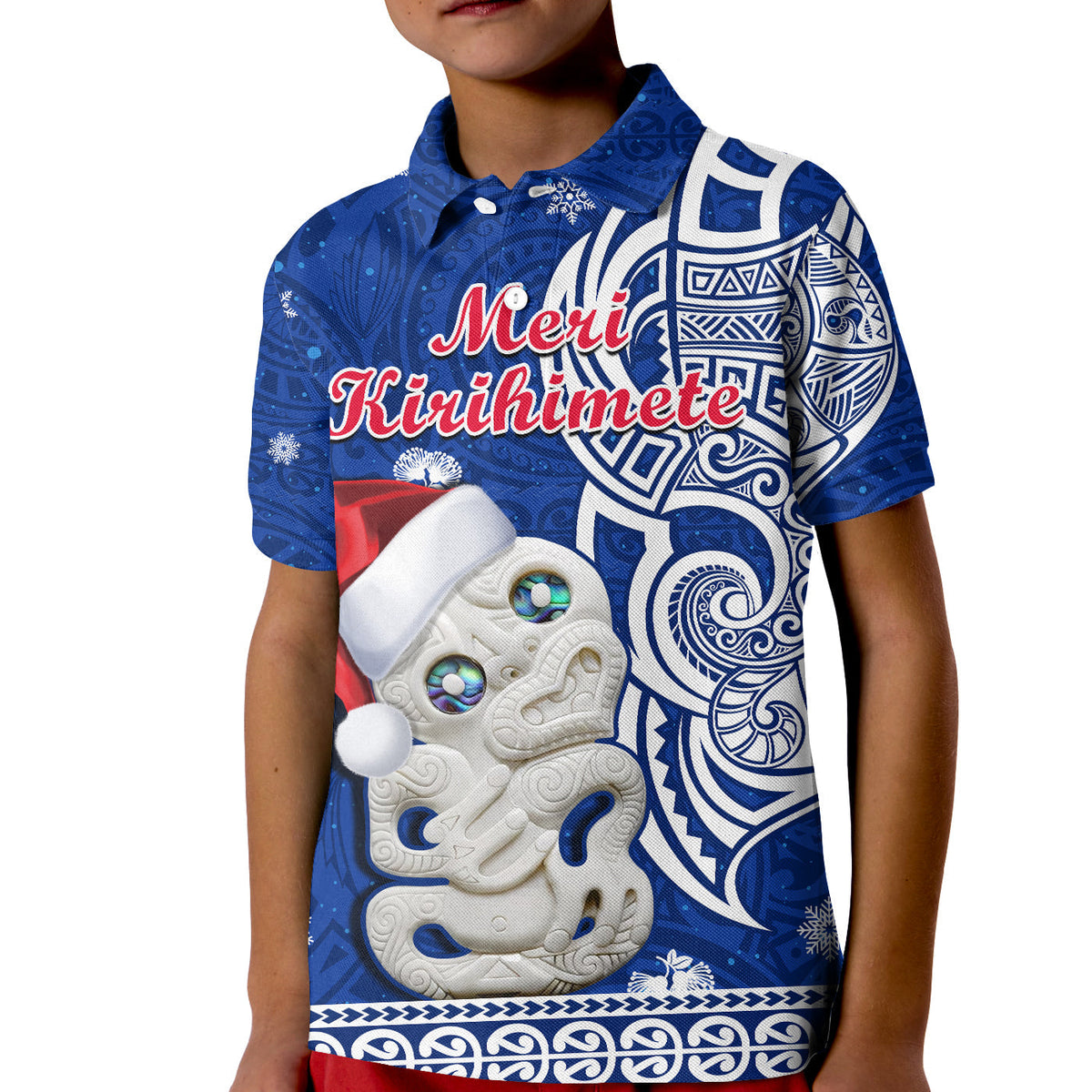 Kids blue polo shirt with button collar and large front graphic print