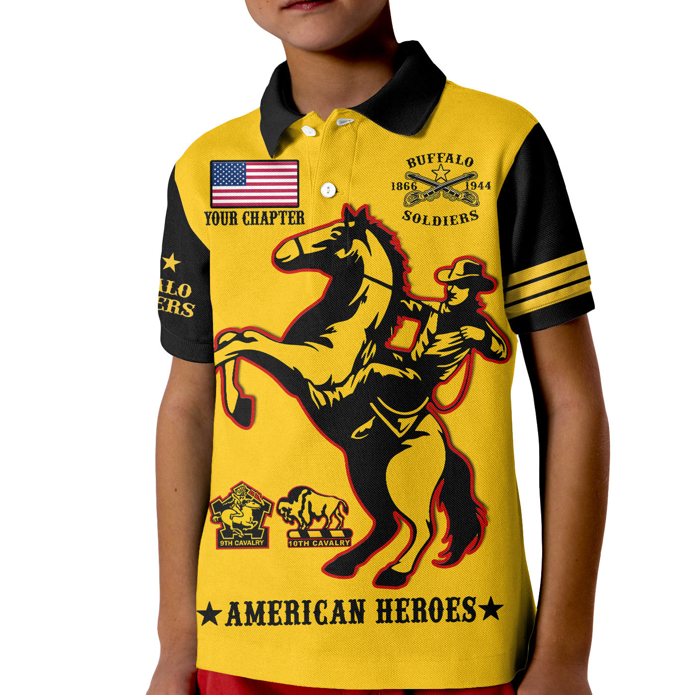 (Custom Text And Chapter) Buffalo Soldiers Polo Shirt KID BSMC United States Army Yellow - Wonder Print Shop