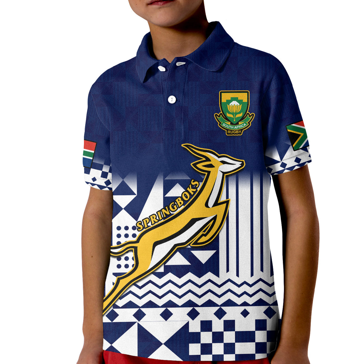 Kids blue rugby polo shirt with South Africa crest and Springboks graphic