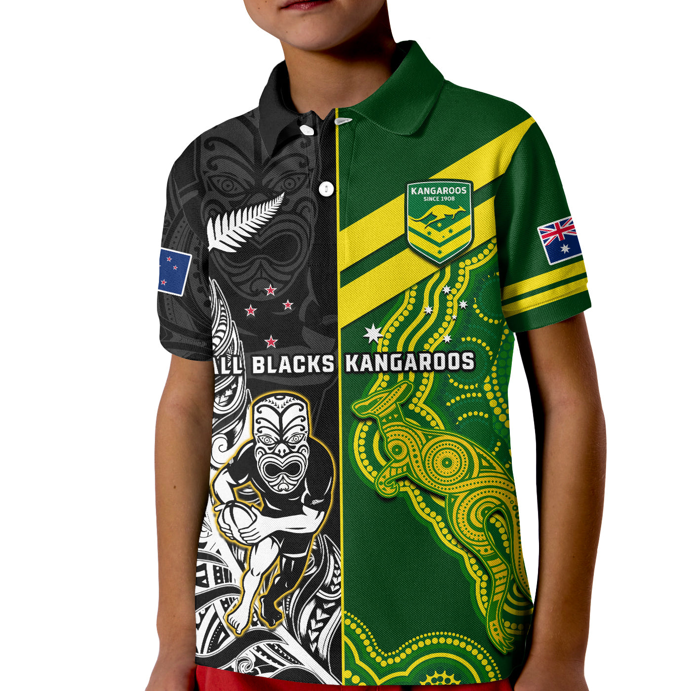 Custom Australia Kangaroos And All Black Rugby Polo Shirt KID Aboriginal Mix NZ Maori Fern - Wonder Print Shop