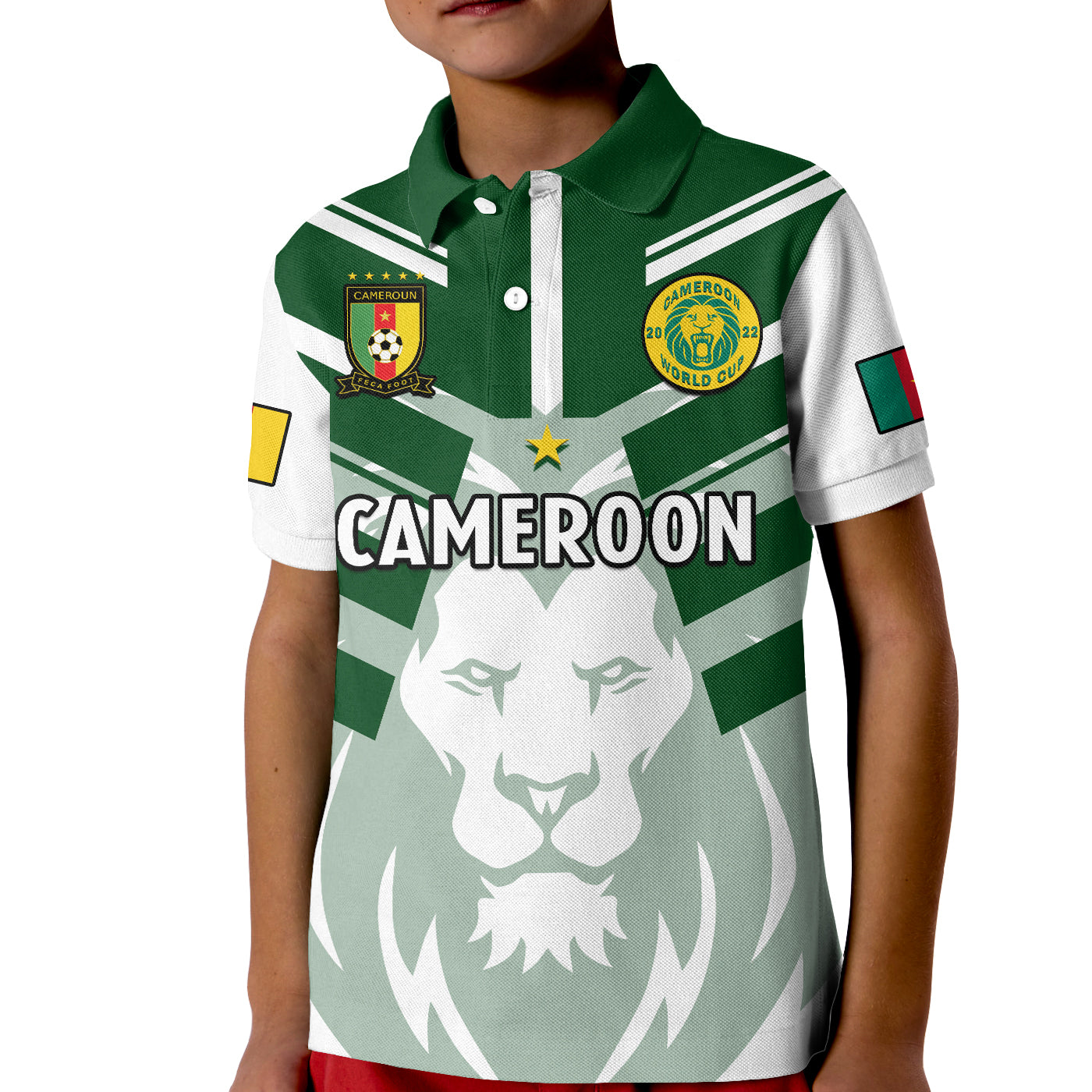 (Custom Text And Number) Cameroon Football Polo Shirt KID Les Lions Indomptables White Football 2022 - Wonder Print Shop