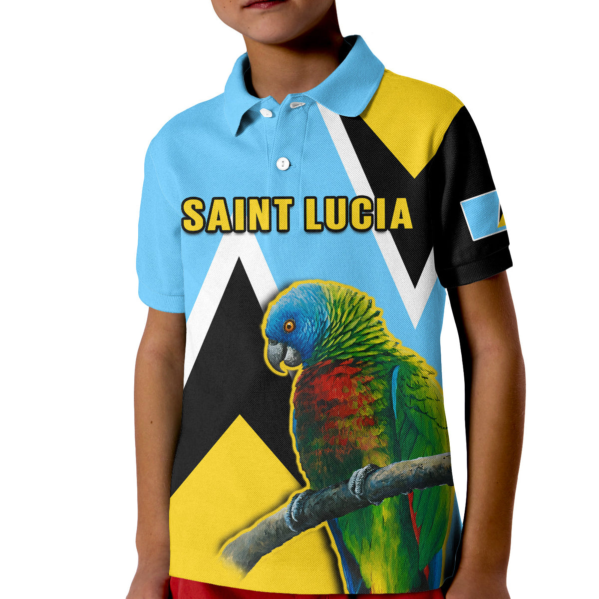 Kids blue polo shirt with Saint Lucia text and colorful parrot graphic