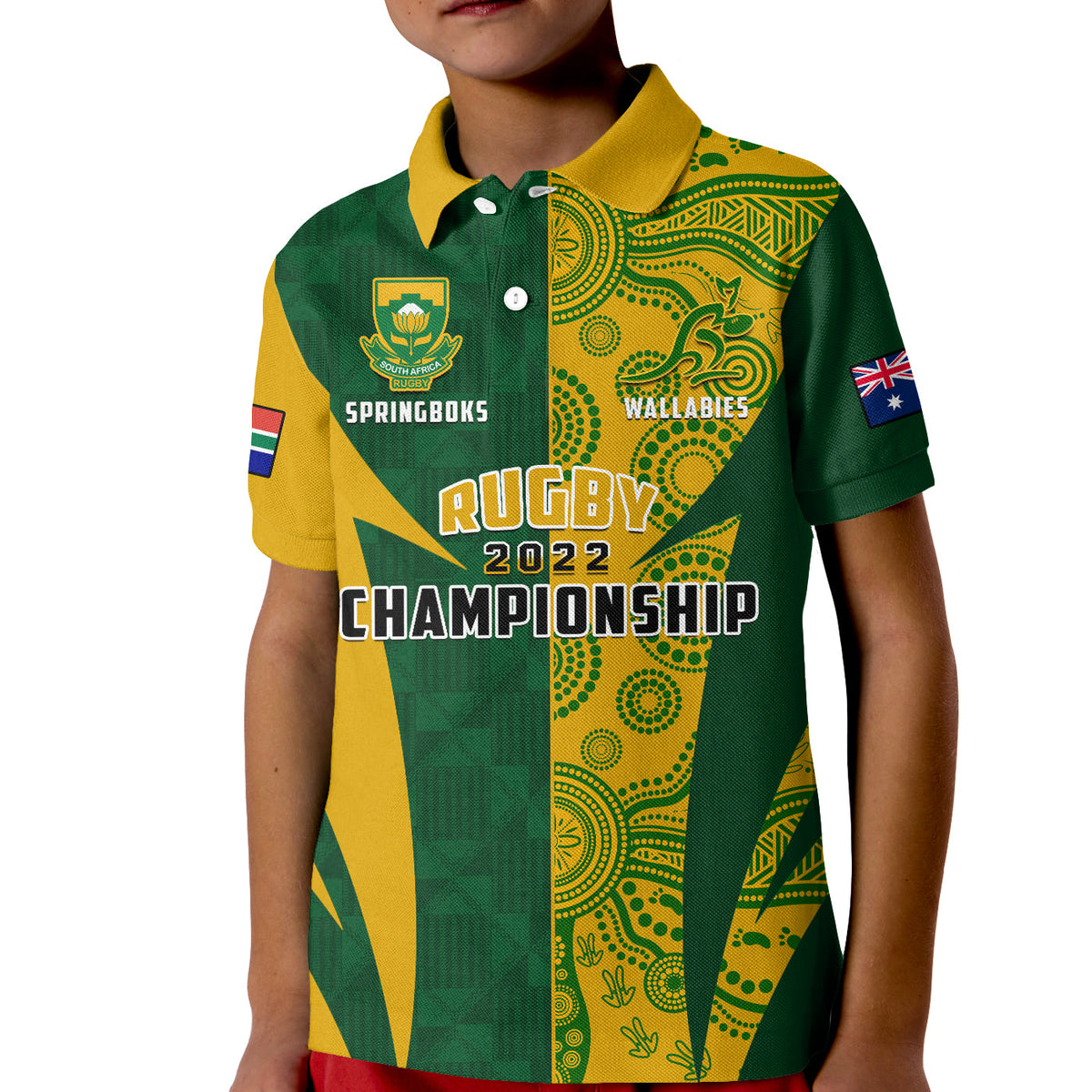 Kids rugby polo shirt in green with yellow collar and 'Rugby 2022 Championship' print