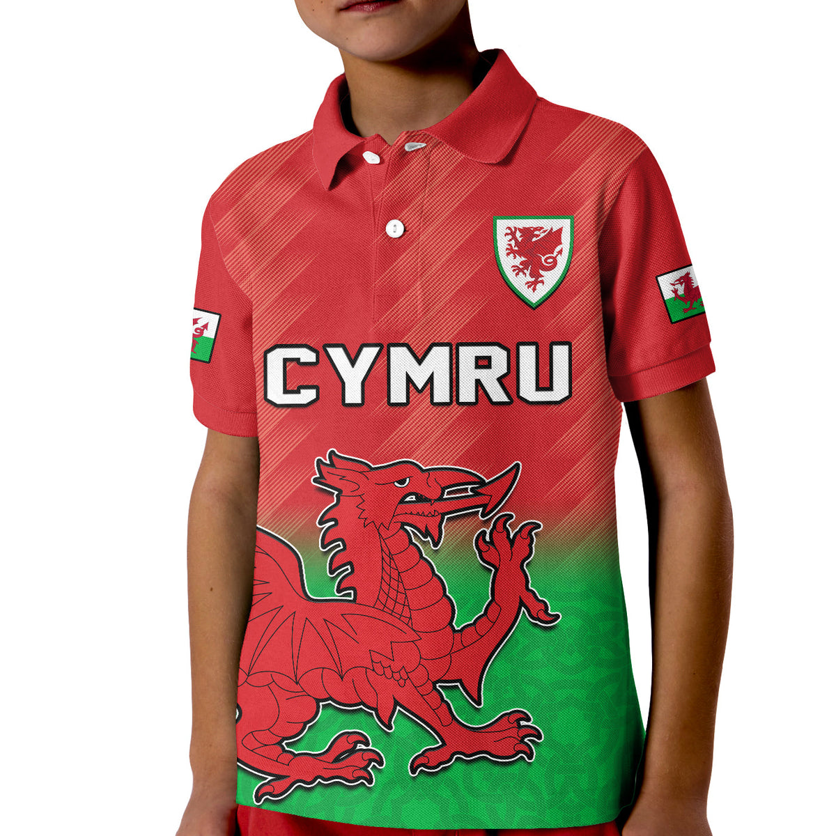 Kids Wales football polo, red with green dragon graphic and crest