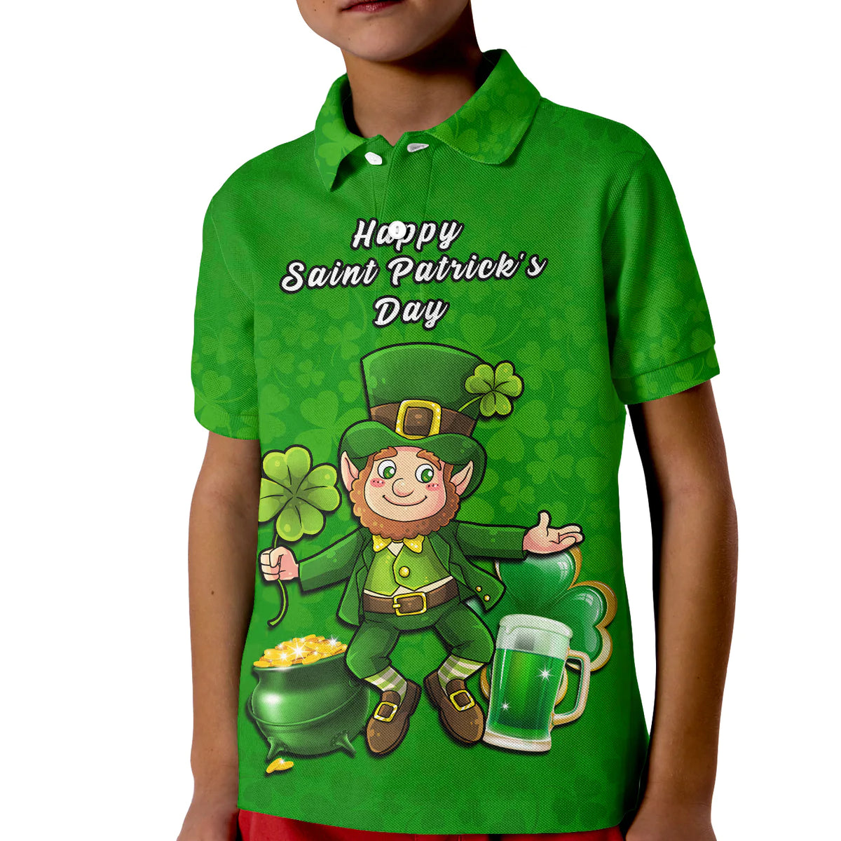 Kids green polo shirt with St. Patrick’s Day text and leprechaun shamrock graphic