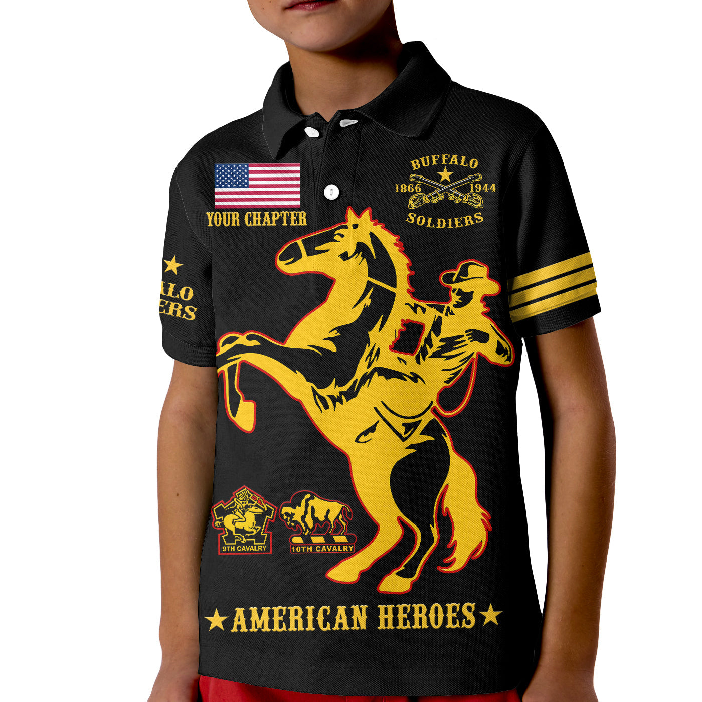 (Custom Text And Chapter) Buffalo Soldiers Polo Shirt KID BSMC United States Army Black - Wonder Print Shop