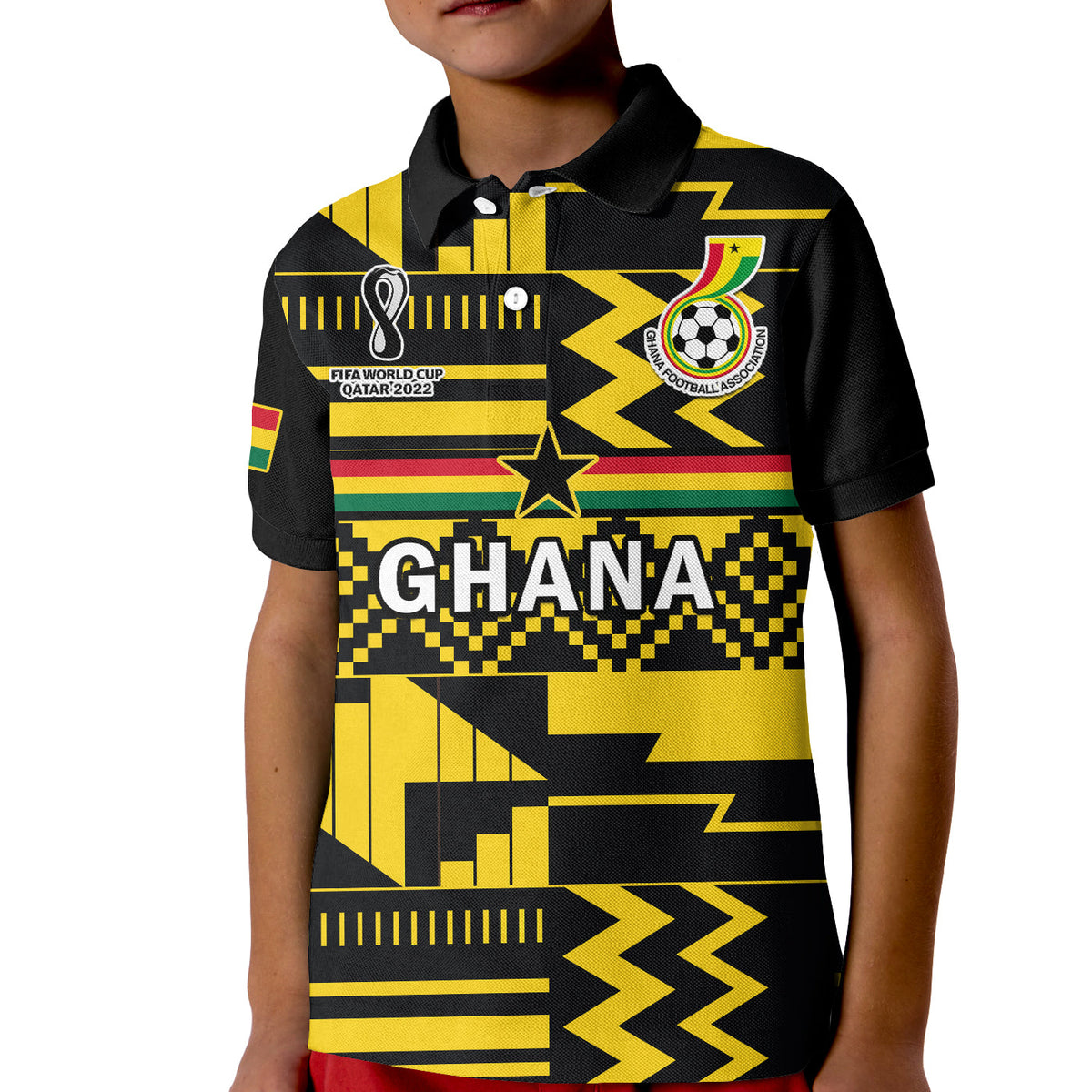 Kids football polo shirt, black with yellow Ghana crest and patterned front panel