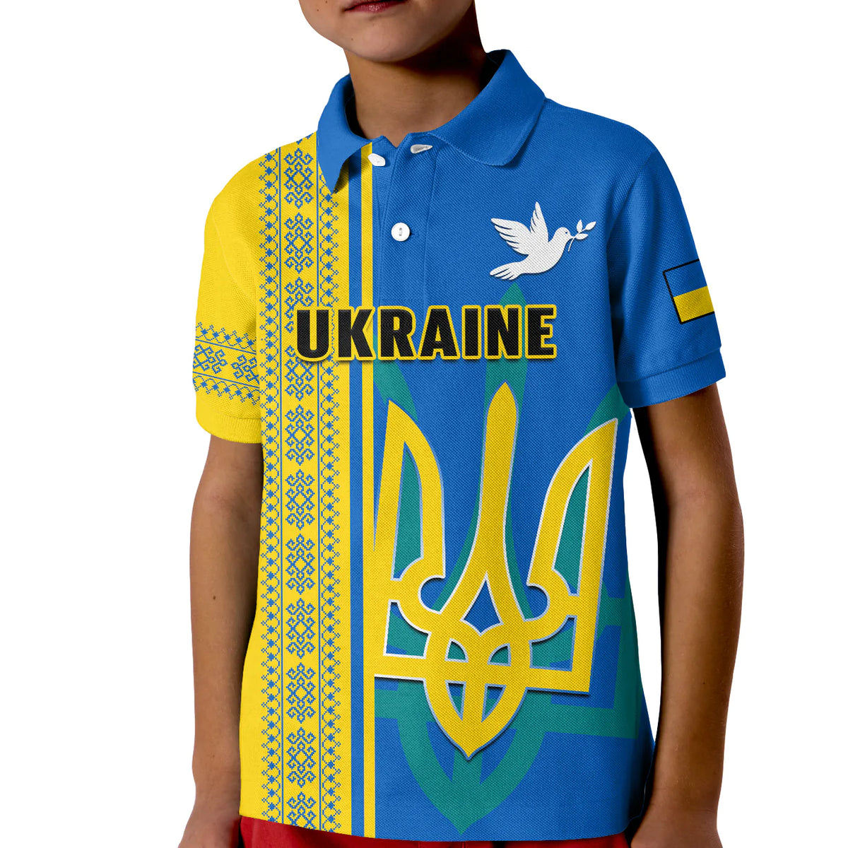 Kids blue polo shirt with button placket and yellow-blue Ukraine graphic