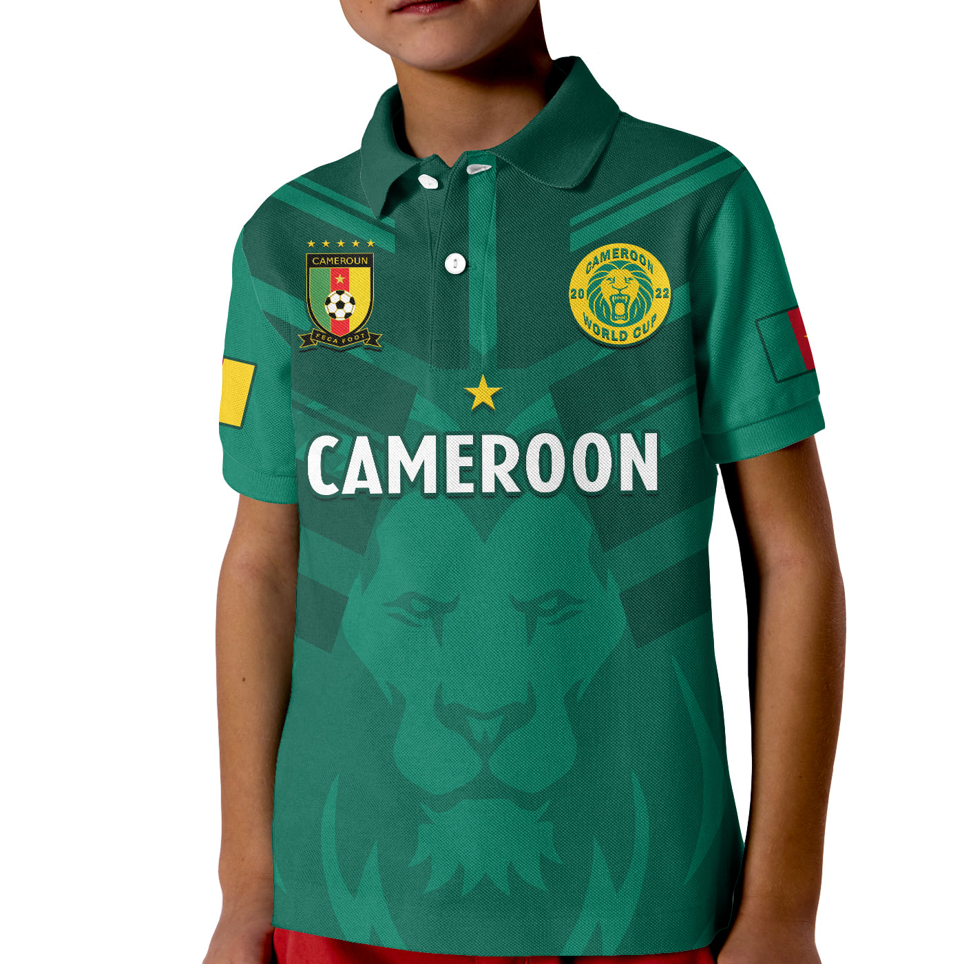 (Custom Text And Number) Cameroon Football Polo Shirt KID Les Lions Indomptables Green Football 2022 - Wonder Print Shop