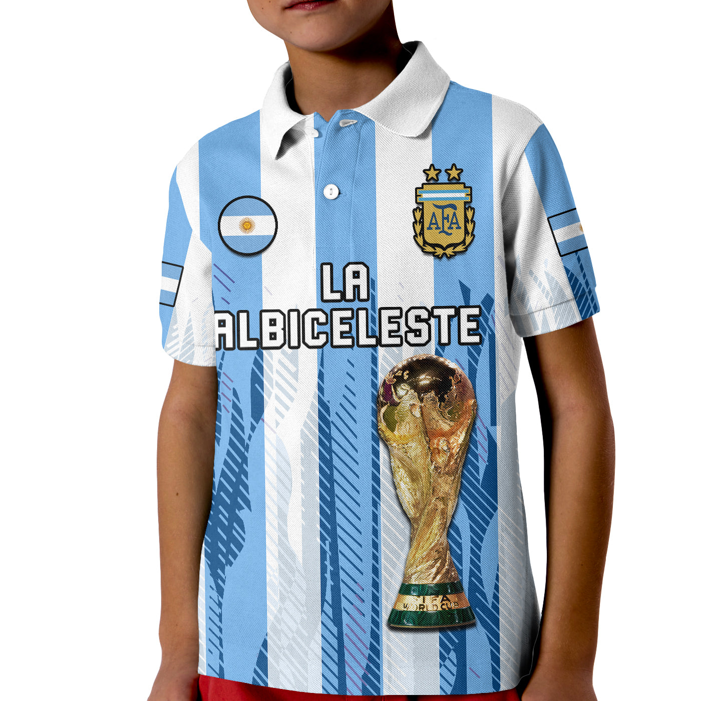 Argentina Football Polo Shirt KID La Albiceleste Campeon Proud White 2022 - Wonder Print Shop