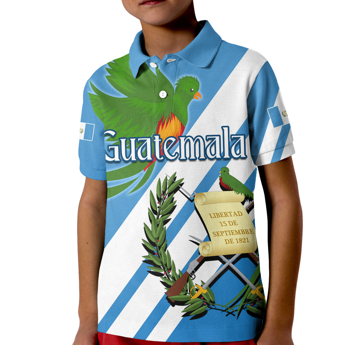 Kids polo shirt, light blue with white diagonal stripes and green bird Guatemala graphic