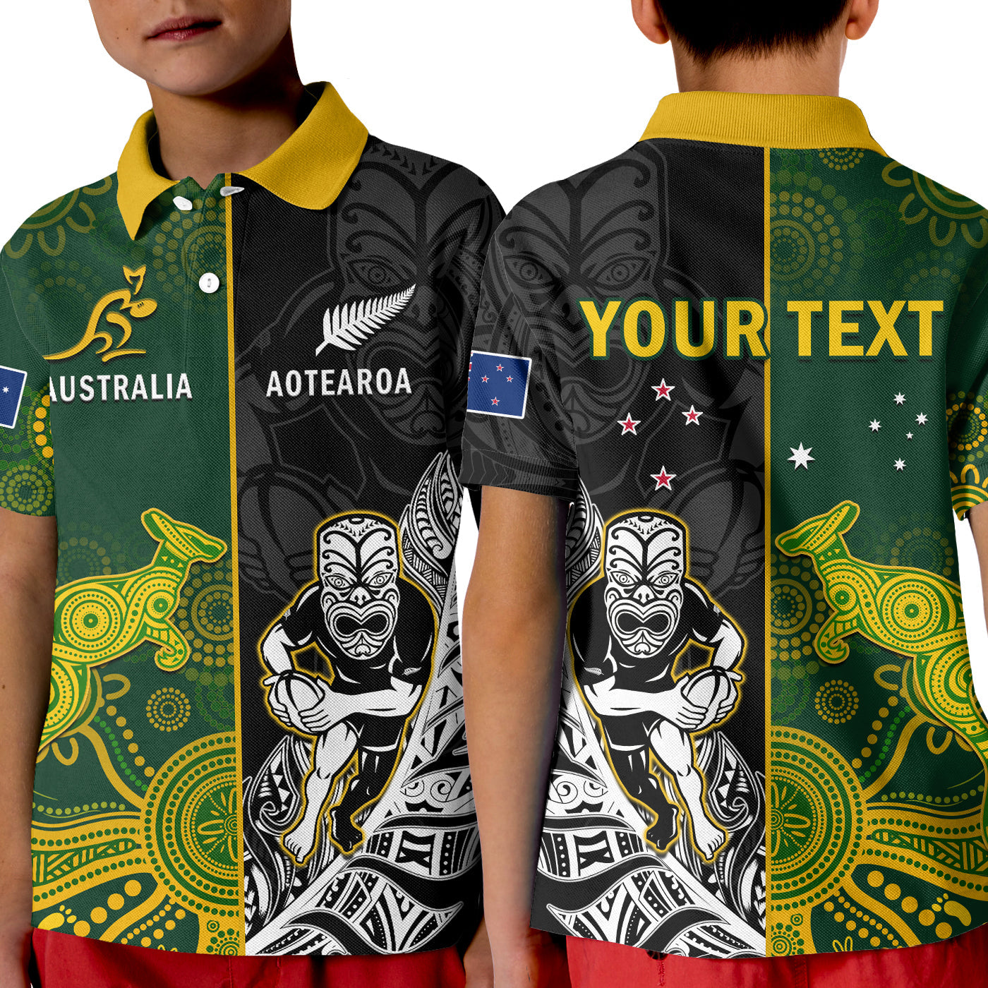 Custom Australia Rugby Mix Aotearoa Rugby Polo Shirt KID Wallabies All Black Special Version - Wonder Print Shop