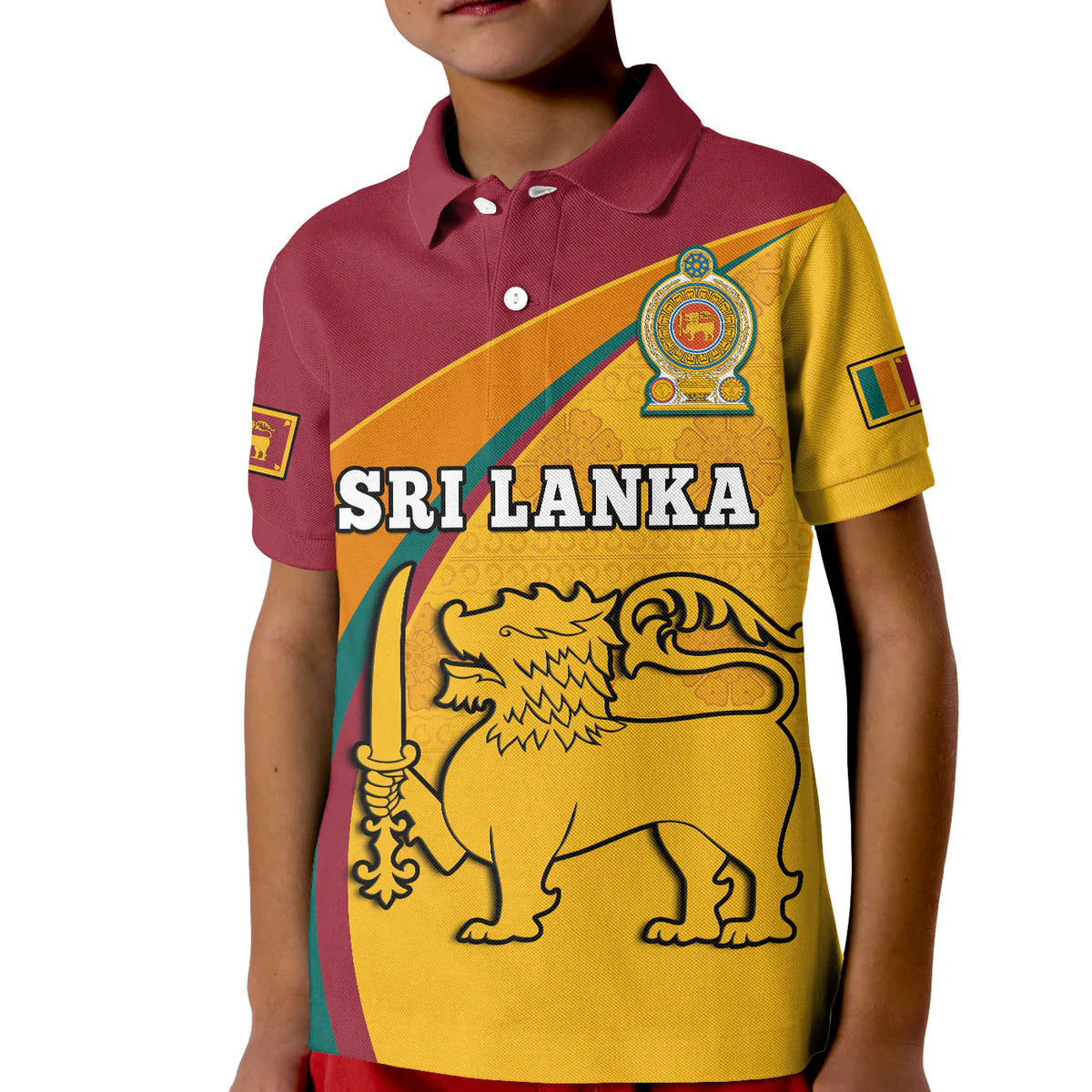 Kids maroon polo shirt with yellow Sri Lanka graphic panel and collar buttons