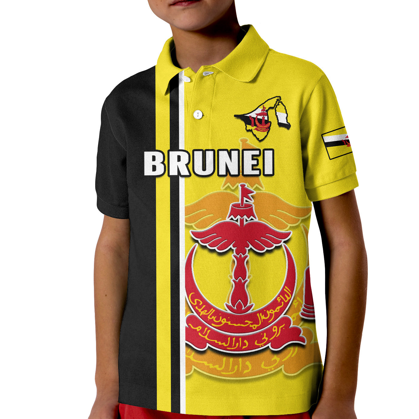 Custom Brunei Polo Shirt KID Happy Independence Day With Coat Of Arms - Wonder Print Shop