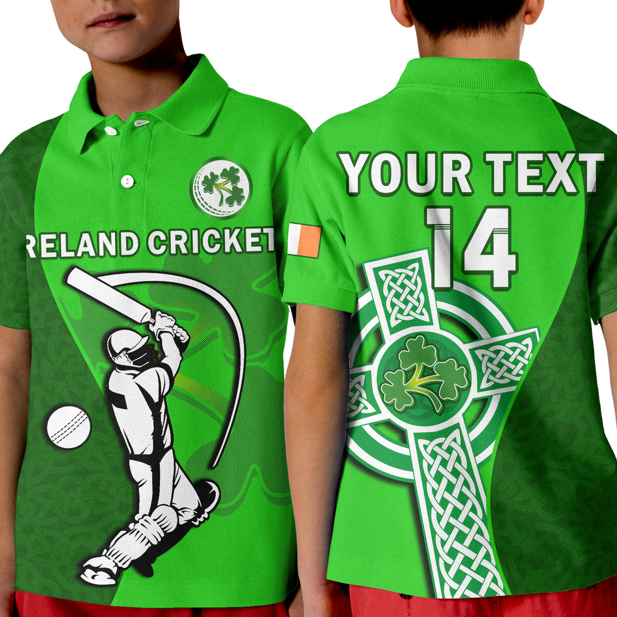 Kids green cricket polo shirt, front Ireland Cricket graphic and back Your Text 14