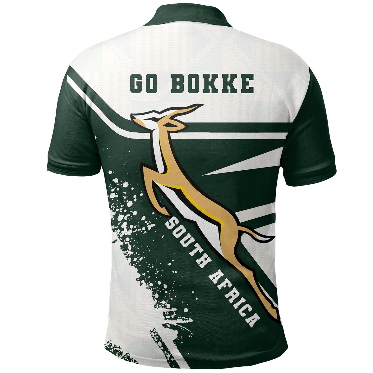 South Africa Springboks polo back with "Go Bokke" print, crest, and green-white-gold graphics