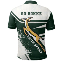 South Africa Springboks polo back with "Go Bokke" print, crest, and green-white-gold graphics