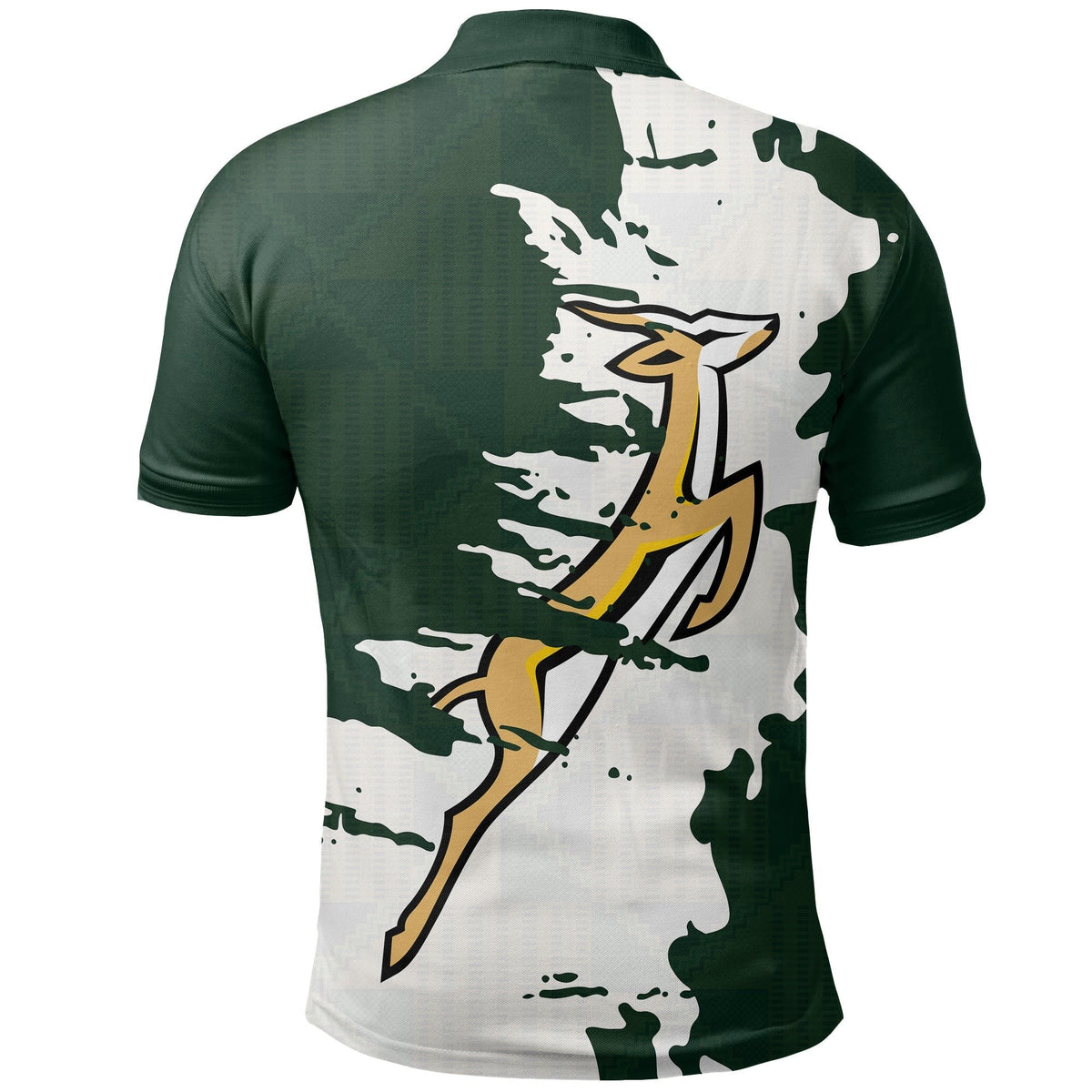 Green camouflage South Africa rugby polo with lion emblem graphic on back