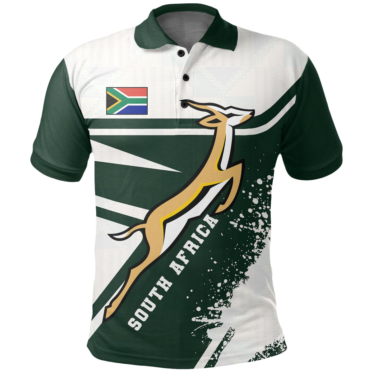 South Africa Springboks polo in white and dark green with front crest and South Africa text