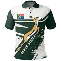 South Africa Springboks polo in white and dark green with front crest and South Africa text