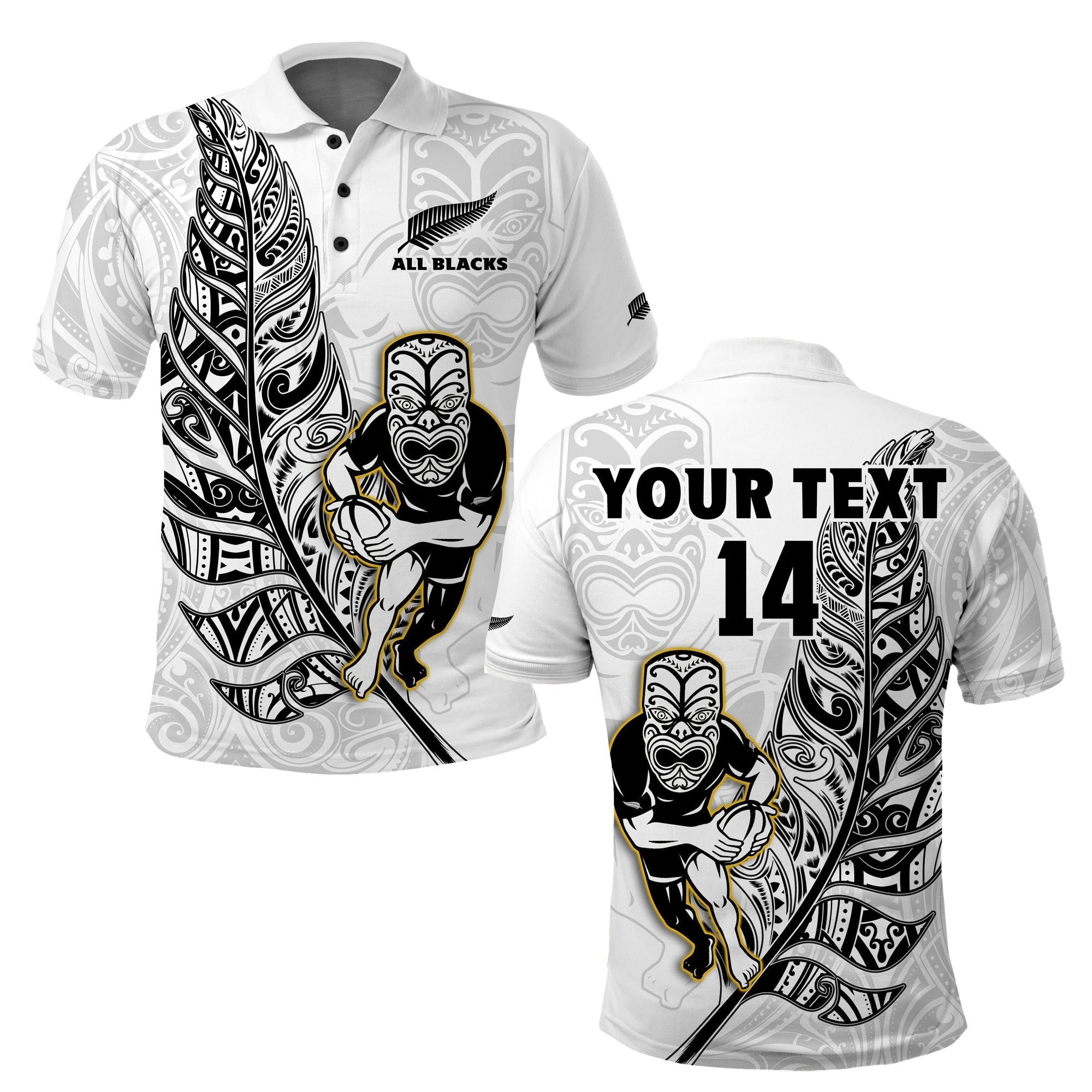 Custom Text And Number New Zealand 2022 Rugby Polo Shirt All Black Silver Fern Maori Pattern Version White - Wonder Print Shop