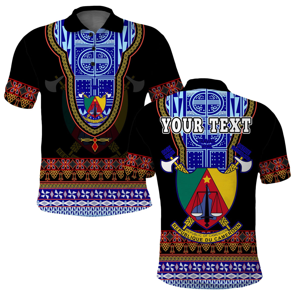 Black polo shirt with Cameroon Atoghu-style pattern, crest on chest