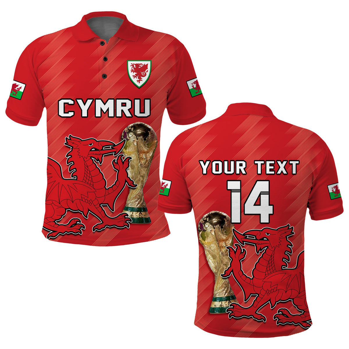 Red football polo shirt with CYMRU crest and red dragon graphic, short sleeves