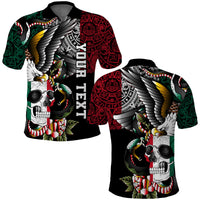 Black polo shirt with colorful eagle, skull and snake graphic; short sleeves, button collar