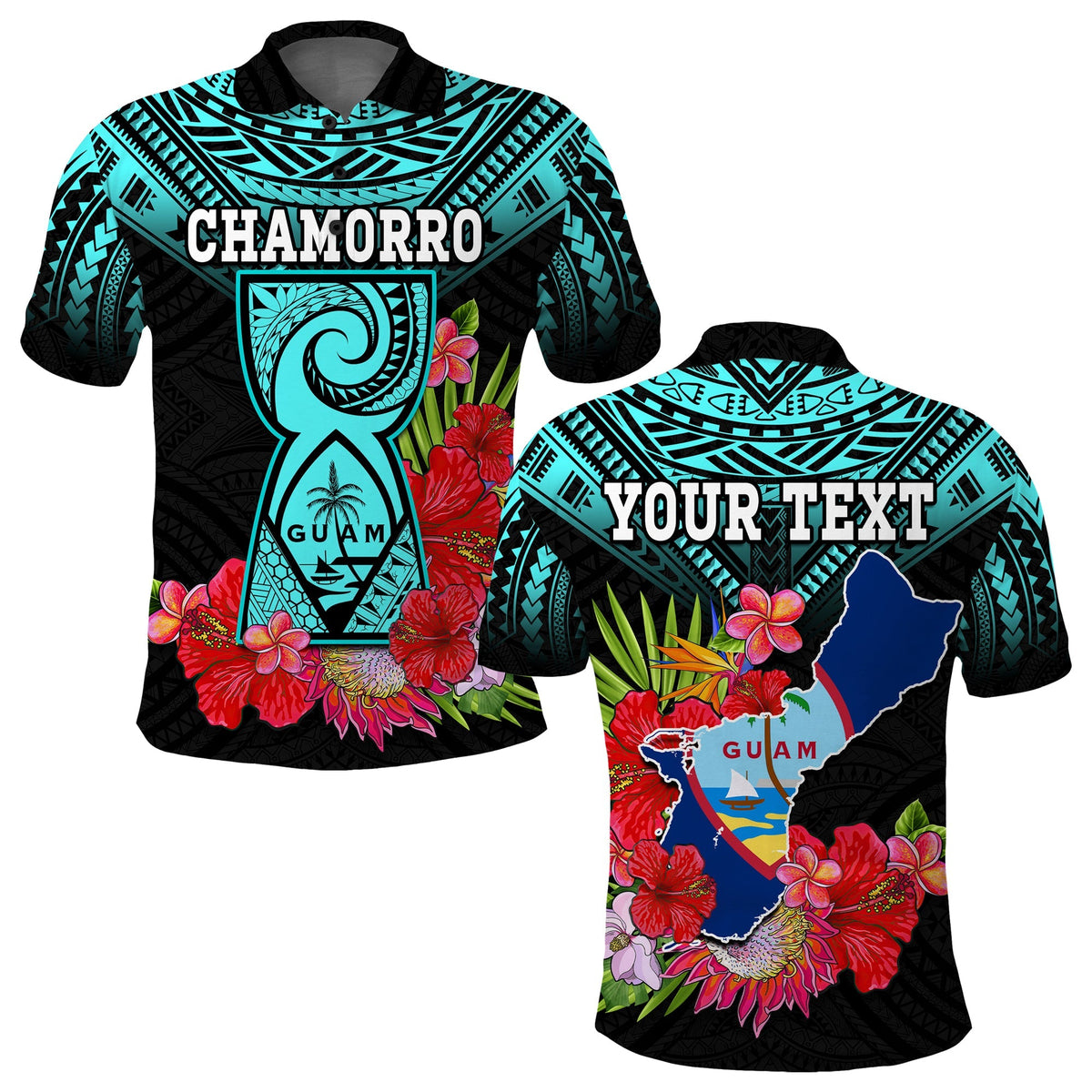 Turquoise and black tropical floral polo shirt with CHAMORRO graphic on front