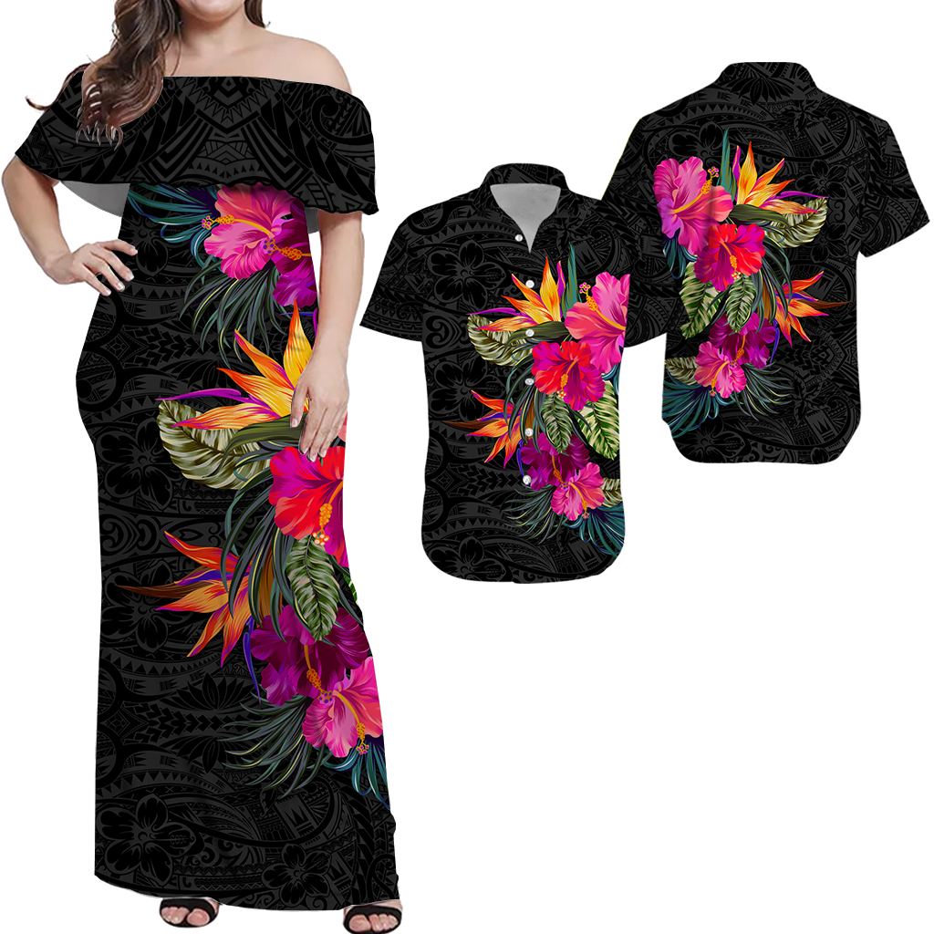 Black off-shoulder maxi dress with tropical hibiscus floral print on tribal pattern