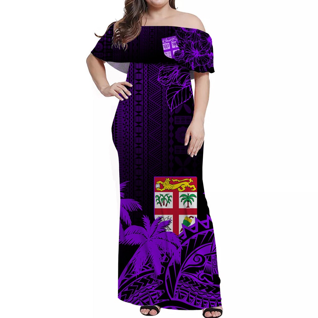 Purple off-shoulder long dress with tapa-style waves, palms, and geometric panels