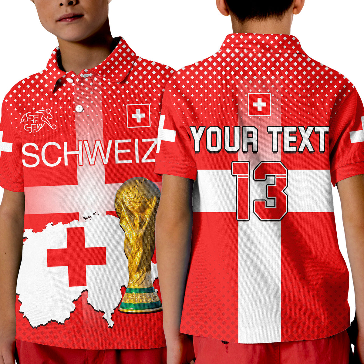 Kid red and white football polo shirt with collar, YOUR TEXT 13 graphic and Swiss cross