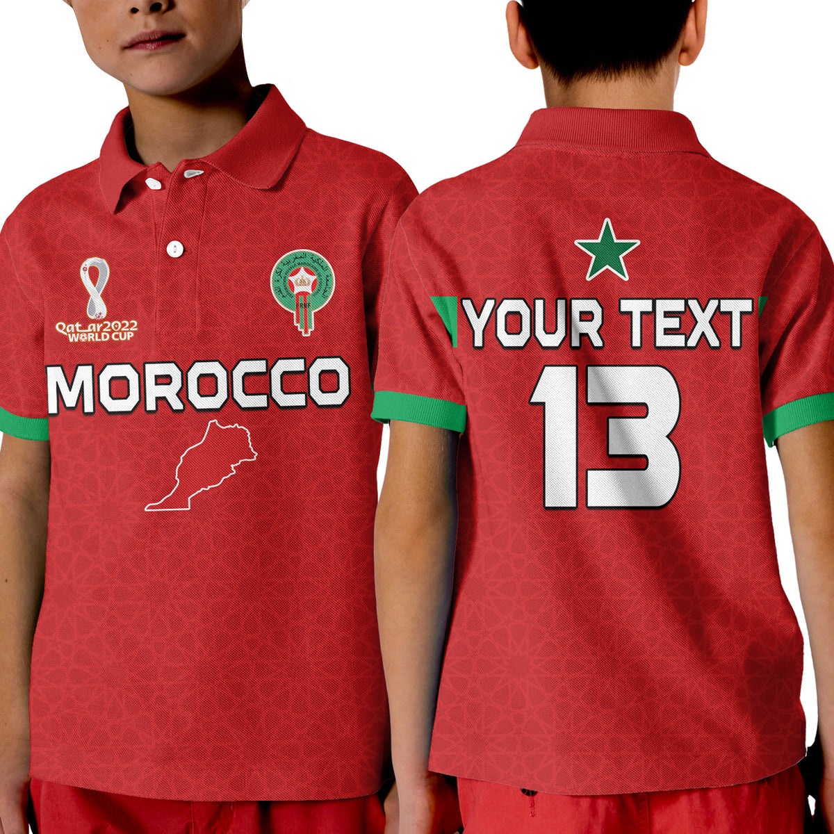 Kids red Morocco football polo shirt with green trim, front "MOROCCO" print