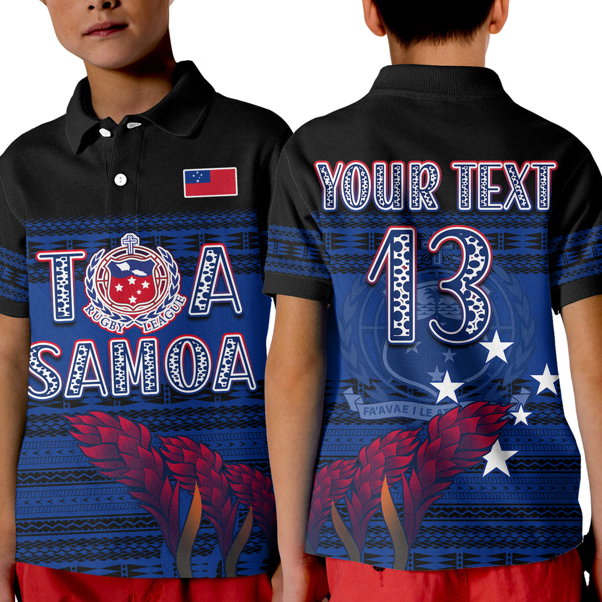 Kid rugby polo shirt with black collar, blue patterned back, 'YOUR TEXT' and 13.