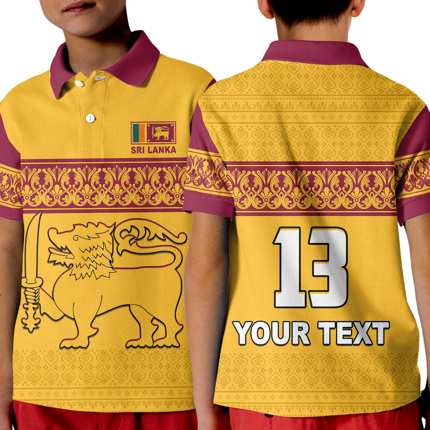 (Custom Text and Number) Sri Lanka Polo Shirt KID Traditional Pattern and Lion Flag LT13 - Wonder Print Shop