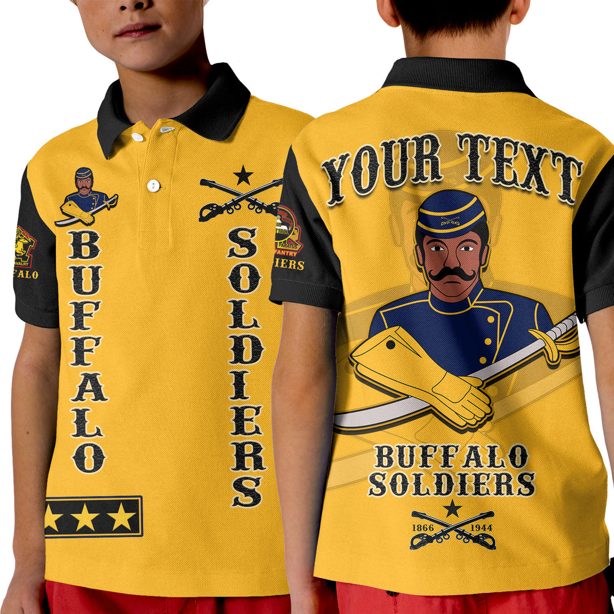 Yellow kid polo with black collar; Buffalo Soldiers front emblem and vertical lettering