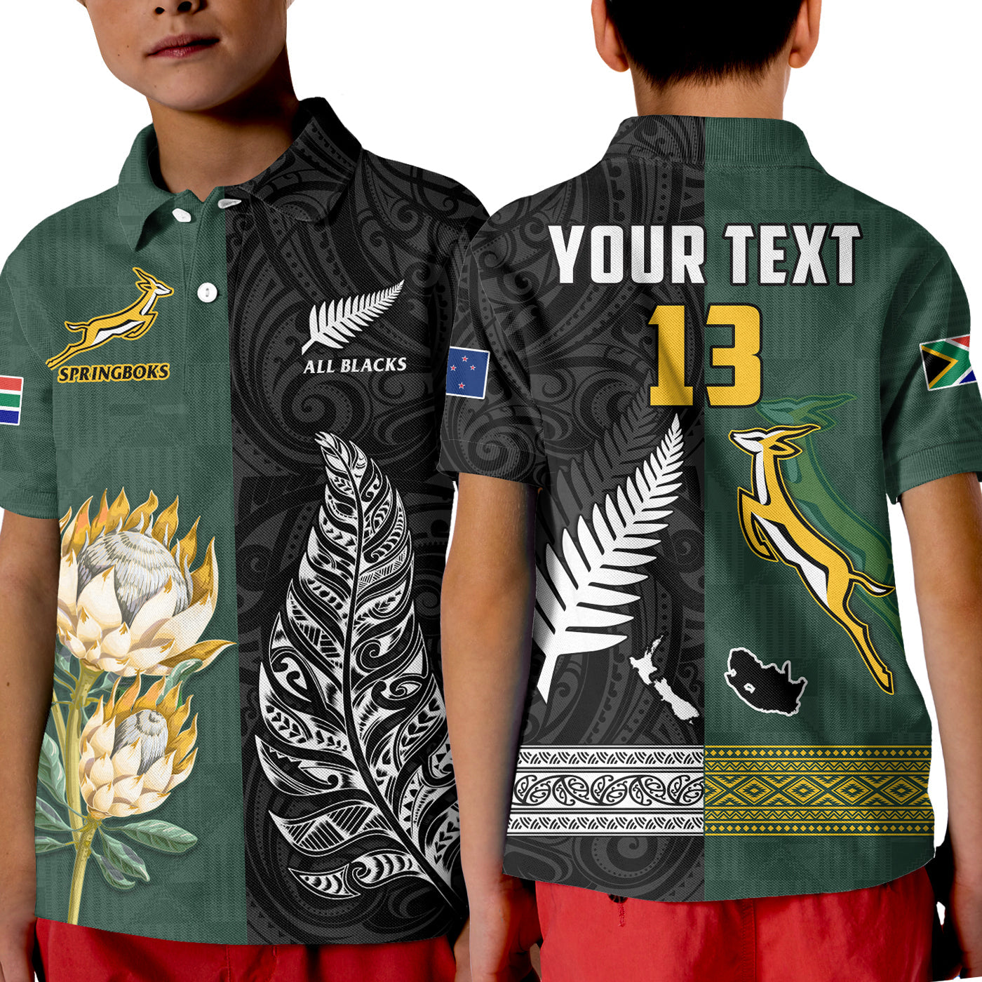 Custom Text and Number South Africa Protea and New Zealand Fern Polo Shirt KID Rugby Go Springboks vs All Black LT13 - Wonder Print Shop