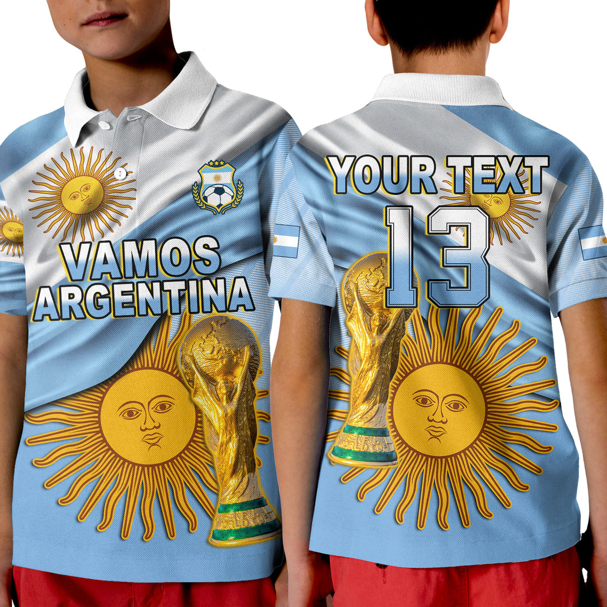 Kid football polo shirt, light blue with white collar, front 'VAMOS ARGENTINA' print, back 13
