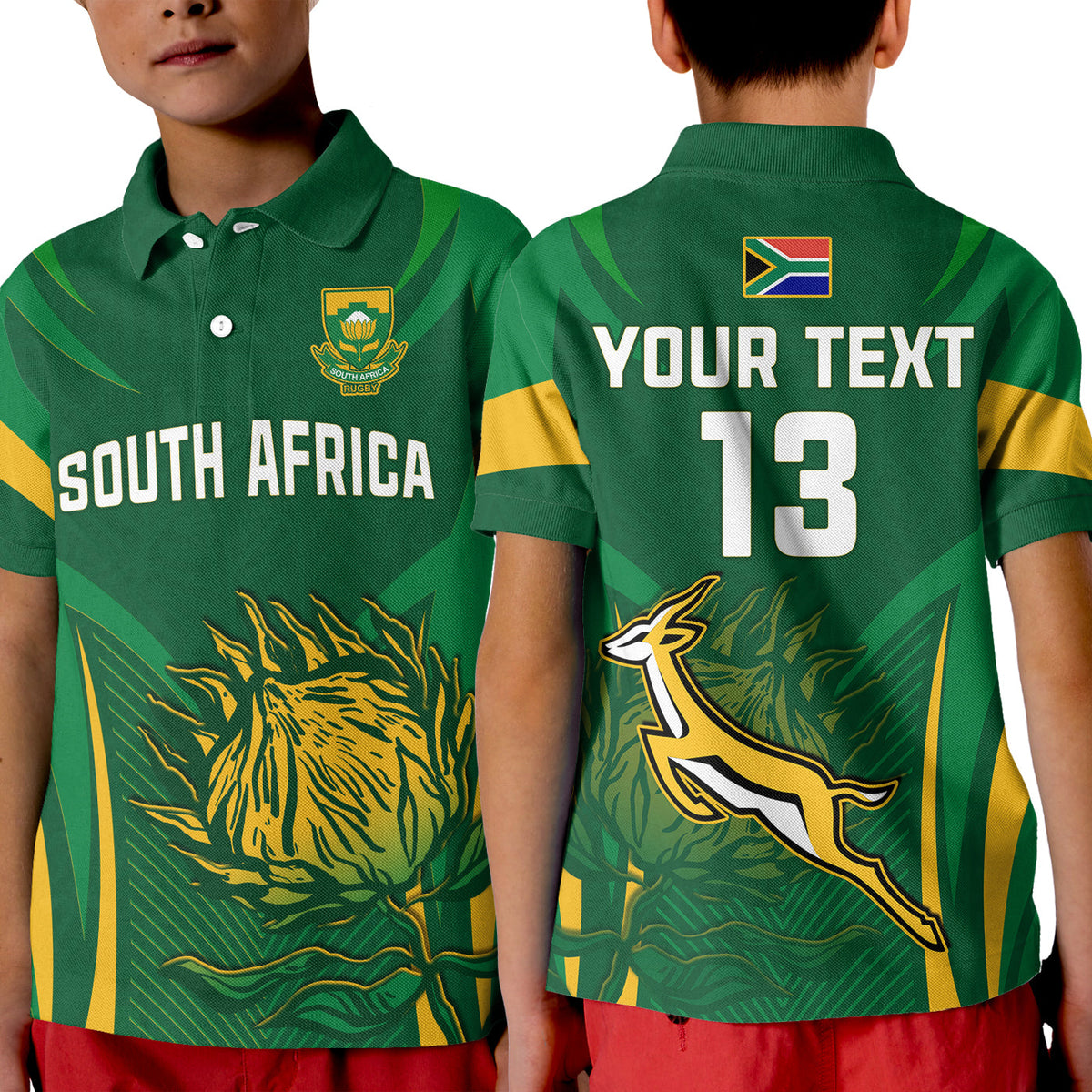 Kids green rugby polo with South Africa text, crest, lion graphic and striped sleeves