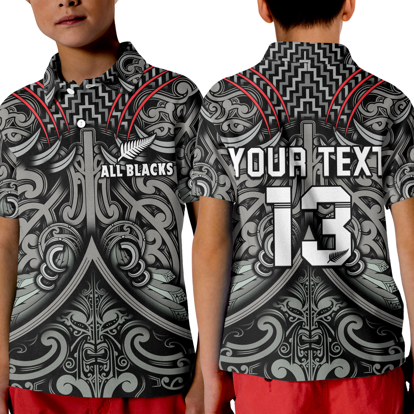 Custom Text and Number New Zealand Silver Fern Rugby Polo Shirt KID All Black NZ Maori Pattern LT13 - Wonder Print Shop