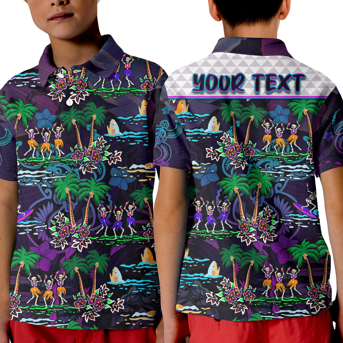 Kids purple polo shirt with tropical print, skeleton dancers, palm trees