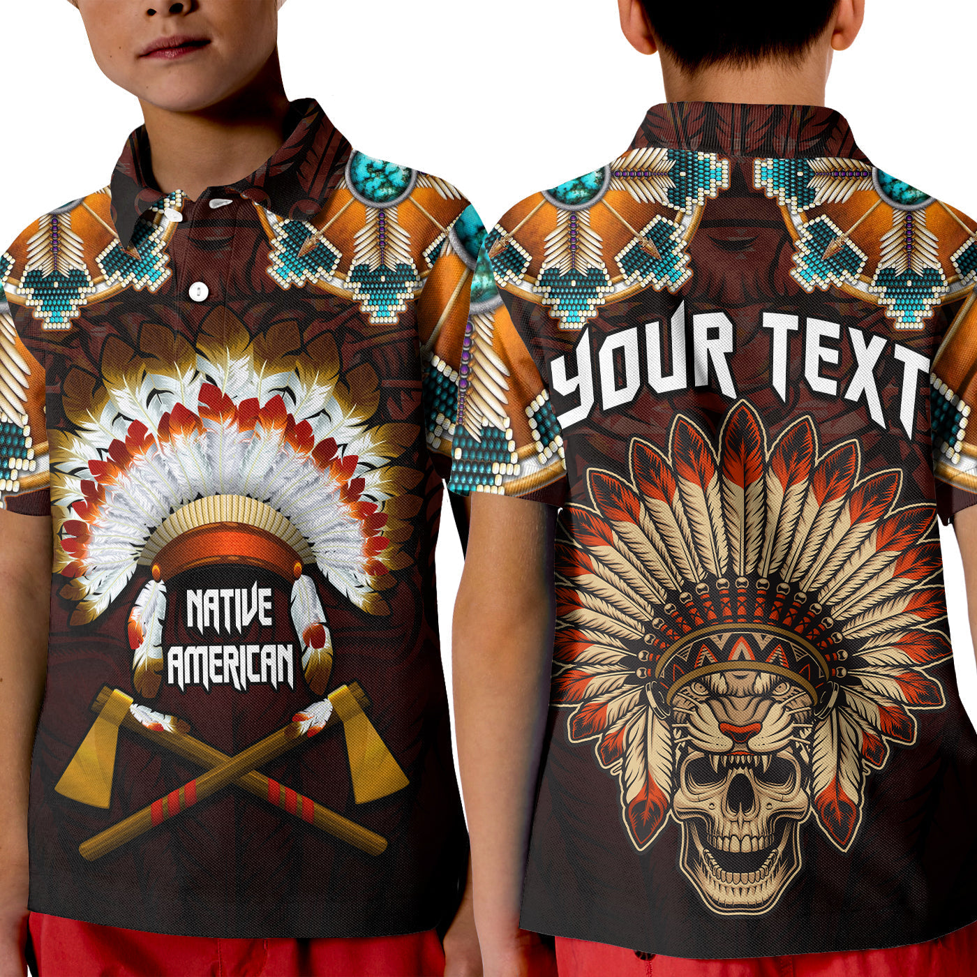 Custom The First Americans Polo Shirt KID Indian Headdress With Skull LT13 - Wonder Print Shop