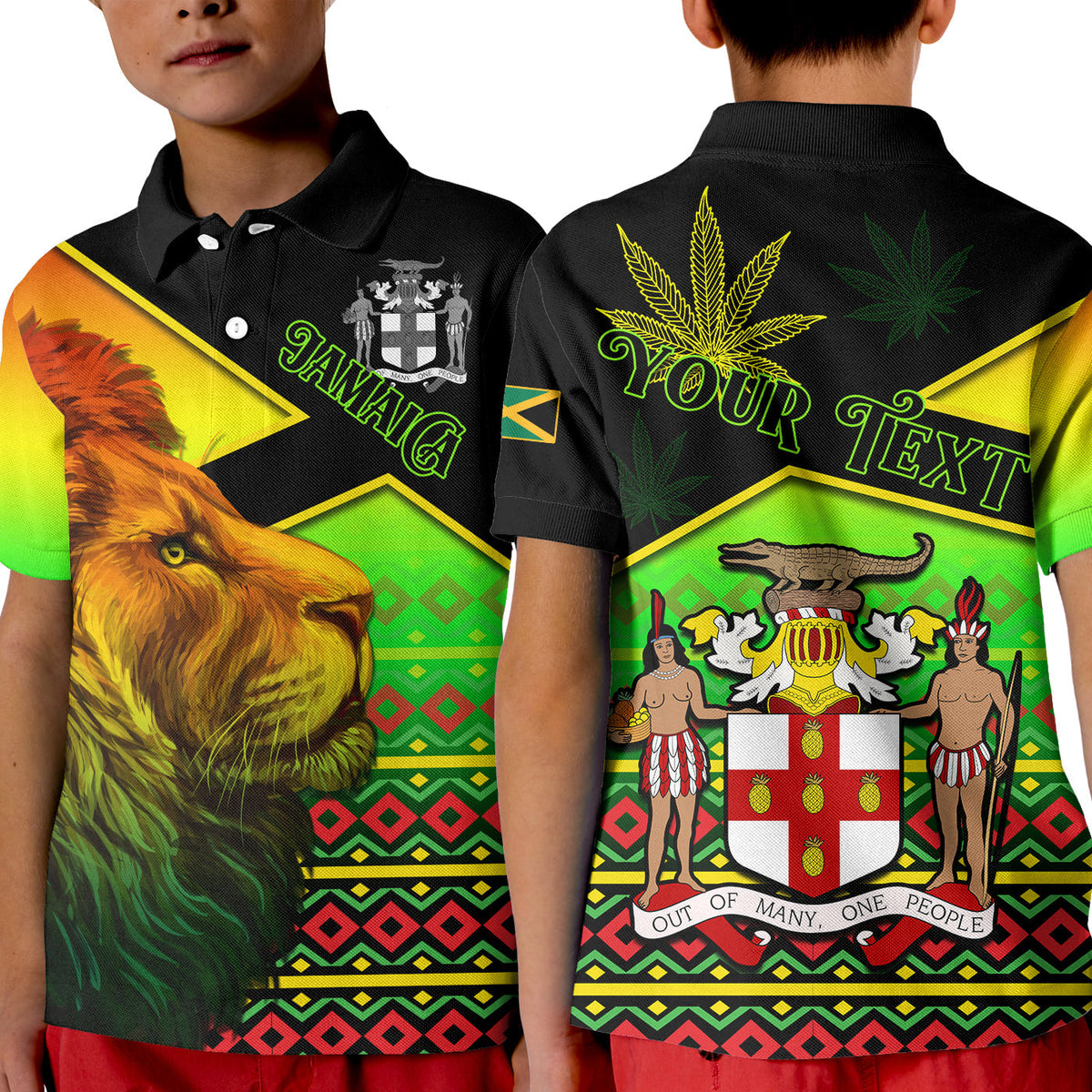 Kids polo shirt with lion graphic, Jamaica-style multicolor pattern, black collar