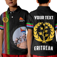 Black polo shirt front with collar buttons, Eritrea crest, gold tree, and tri-color sleeve band