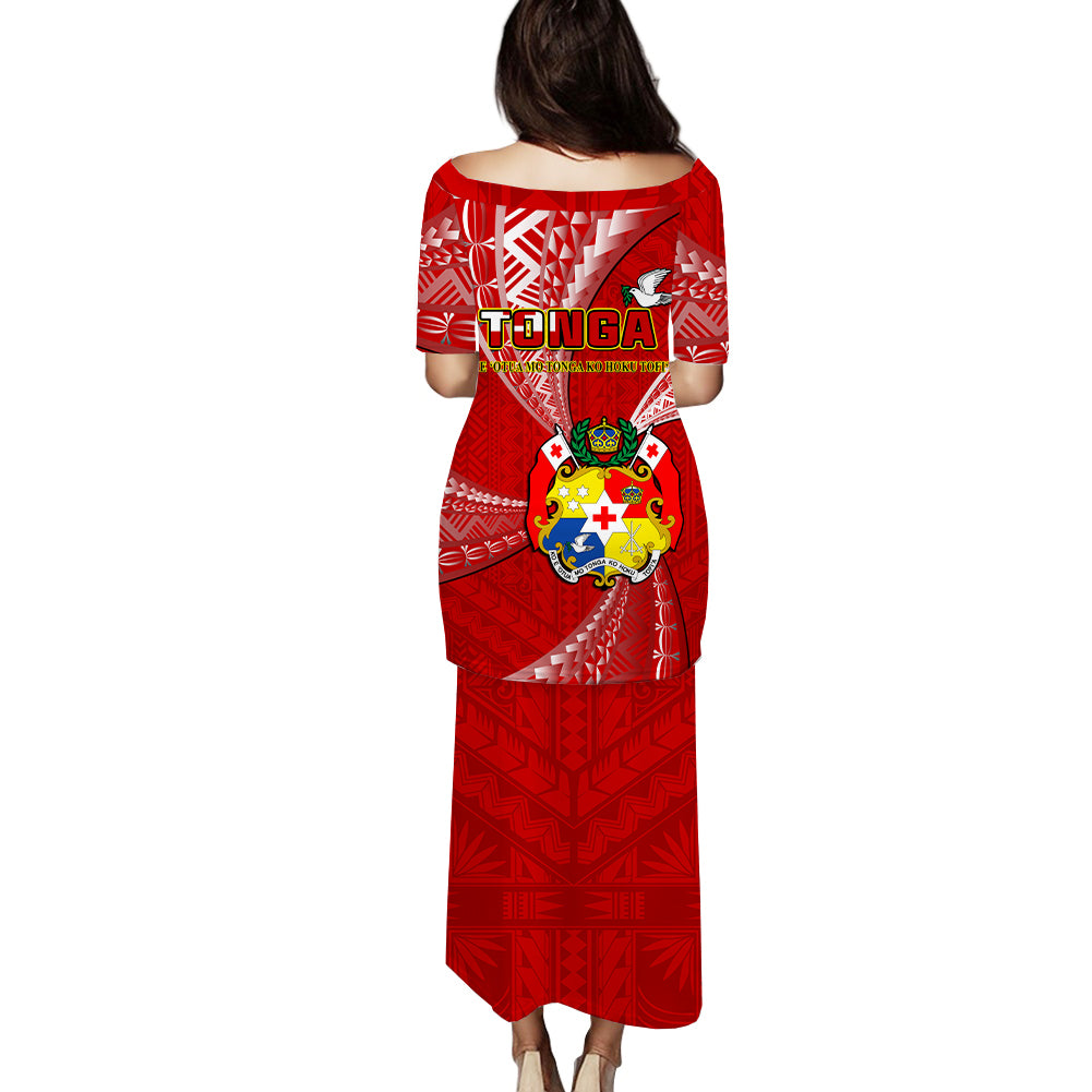 Red long dress with Tonga Independence 53rd anniversary back print, boat neckline