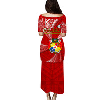 Red long dress with Tonga Independence 53rd anniversary back print, boat neckline