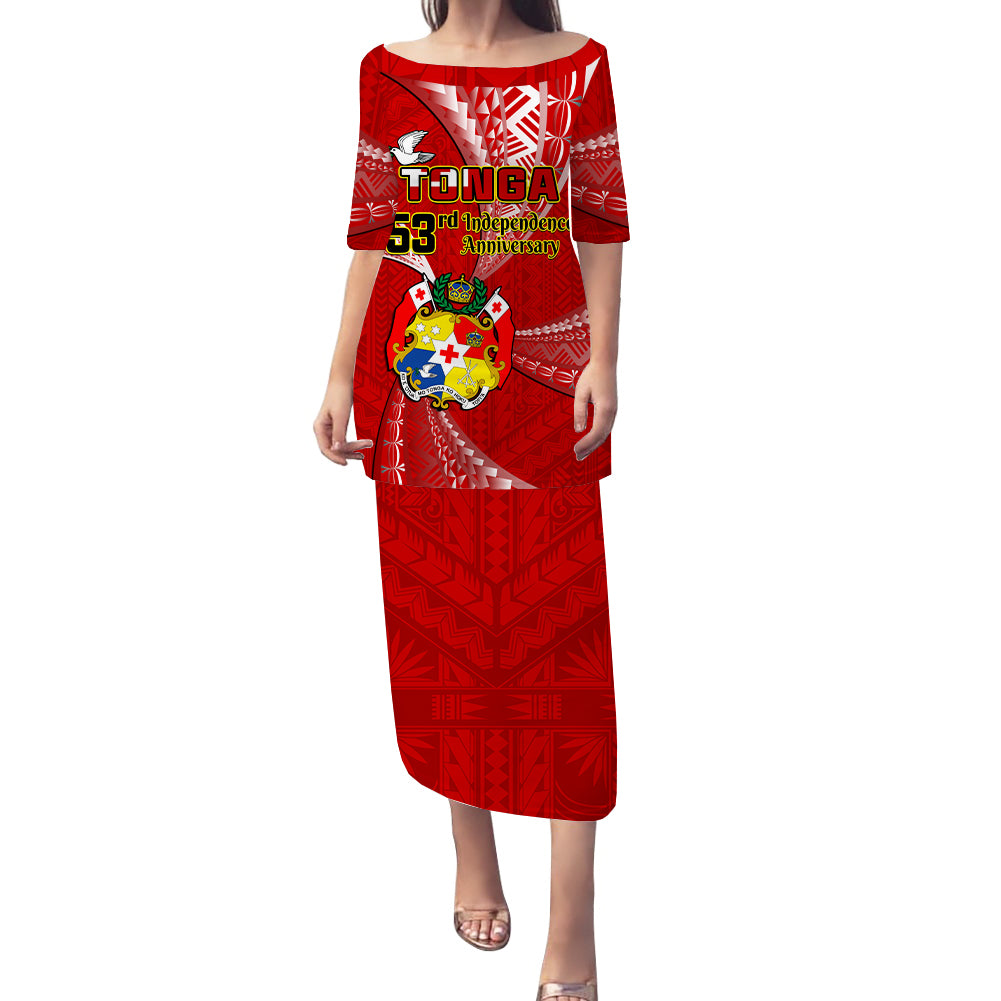 Red long dress with Tonga Independence 53rd anniversary front print, boat neckline