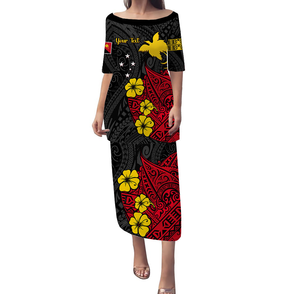 Long black off-shoulder dress with red panels and yellow bird-and-flower print