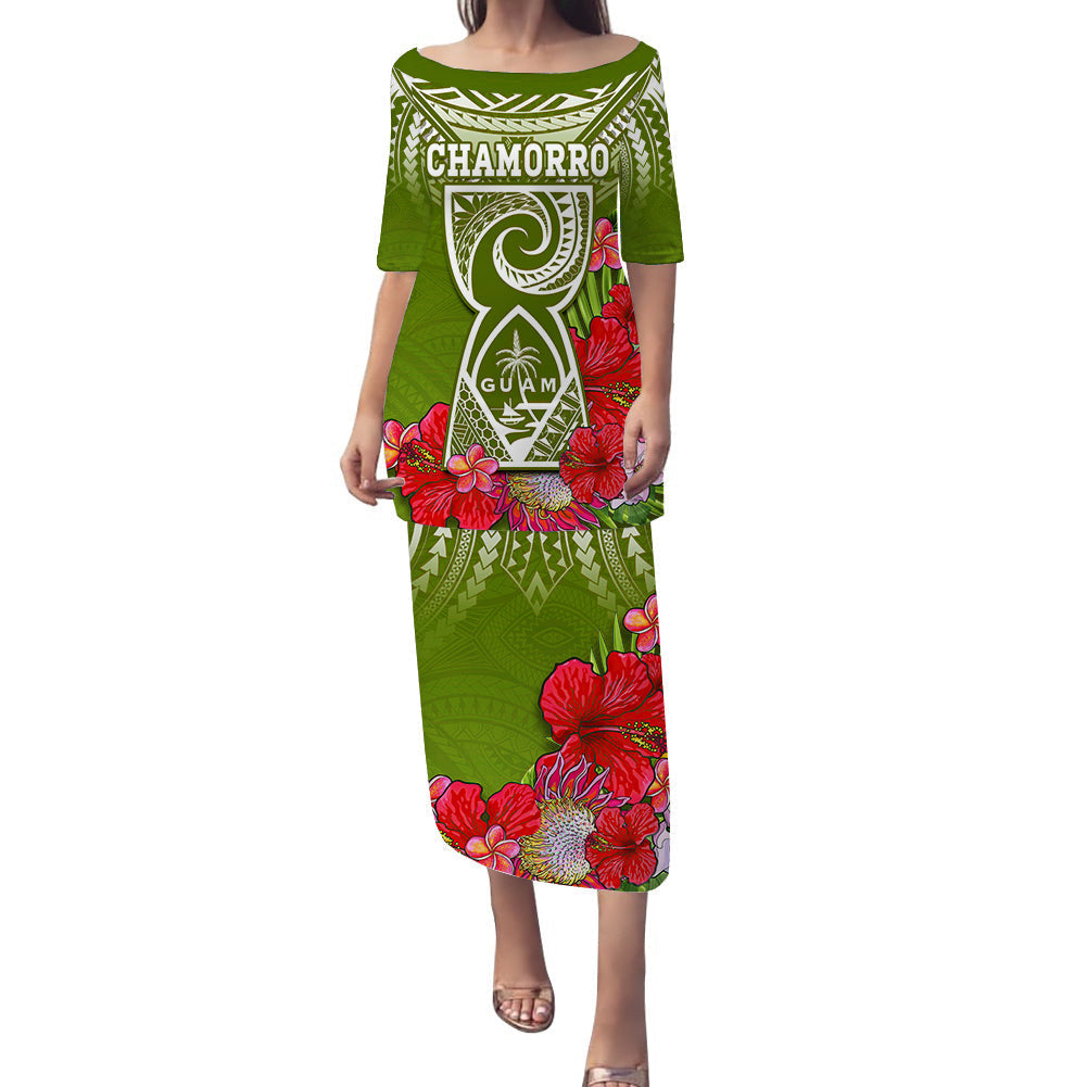 Green long dress with off-shoulder neckline, tropical flower print and Chamorro graphic