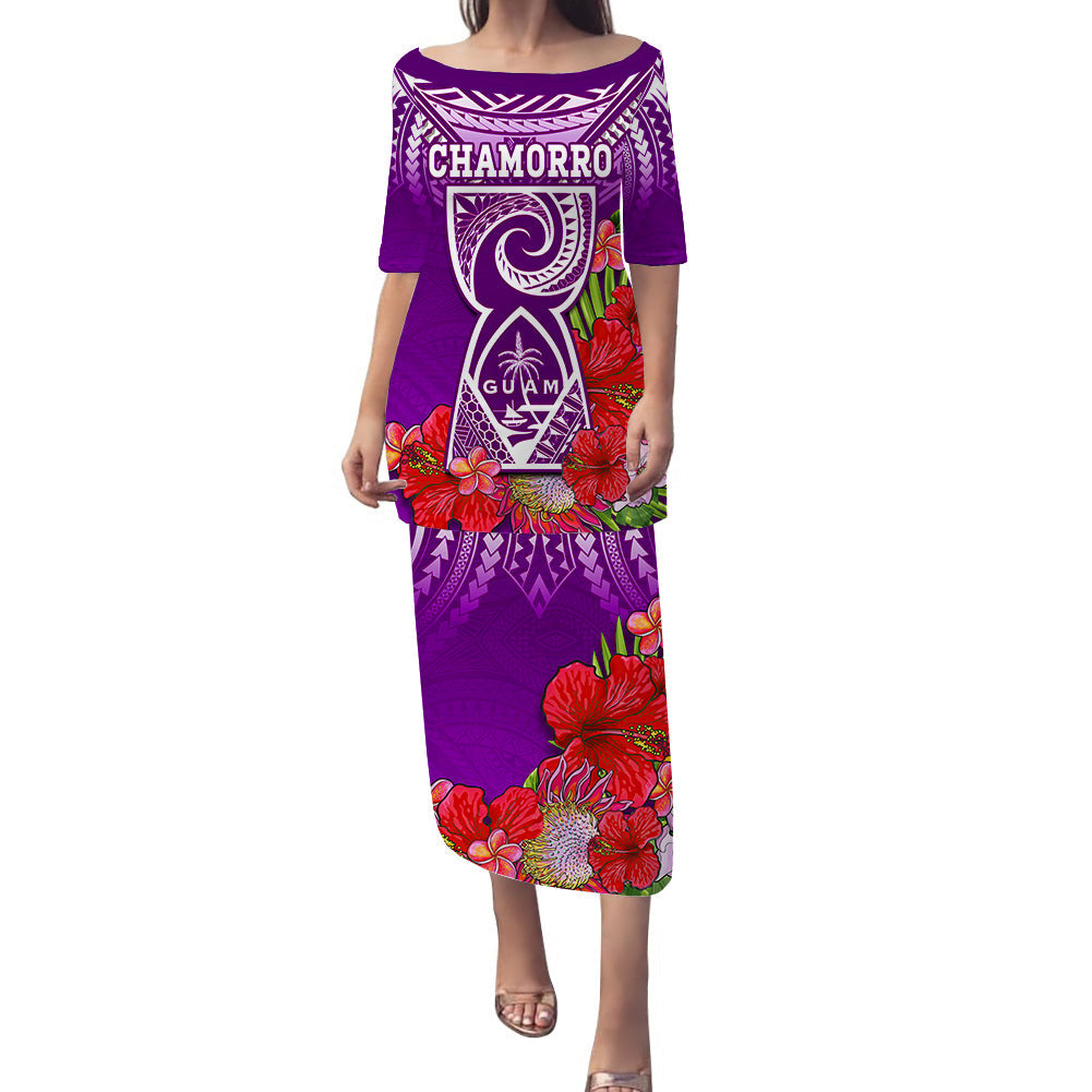 Purple long puletasi dress with off-shoulder neckline, floral and geometric print, Chamorro text